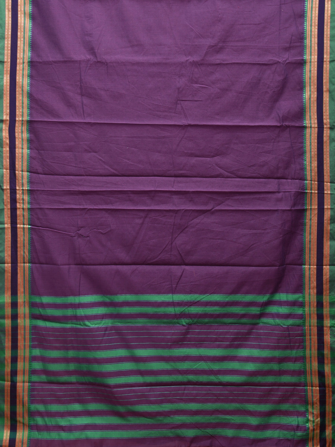 Purple and Turquoise Bamboo Cotton Plain Saree with Strips Pallu Design No Blouse bc0461