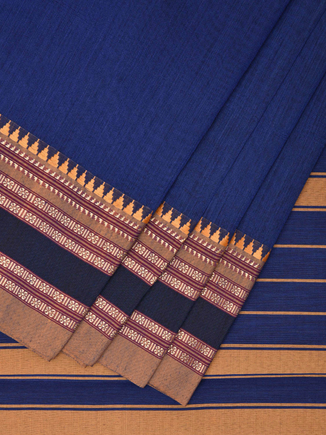 Blue and Mustard Bamboo Cotton Plain Saree with Strips Pallu Design No Blouse bc0462