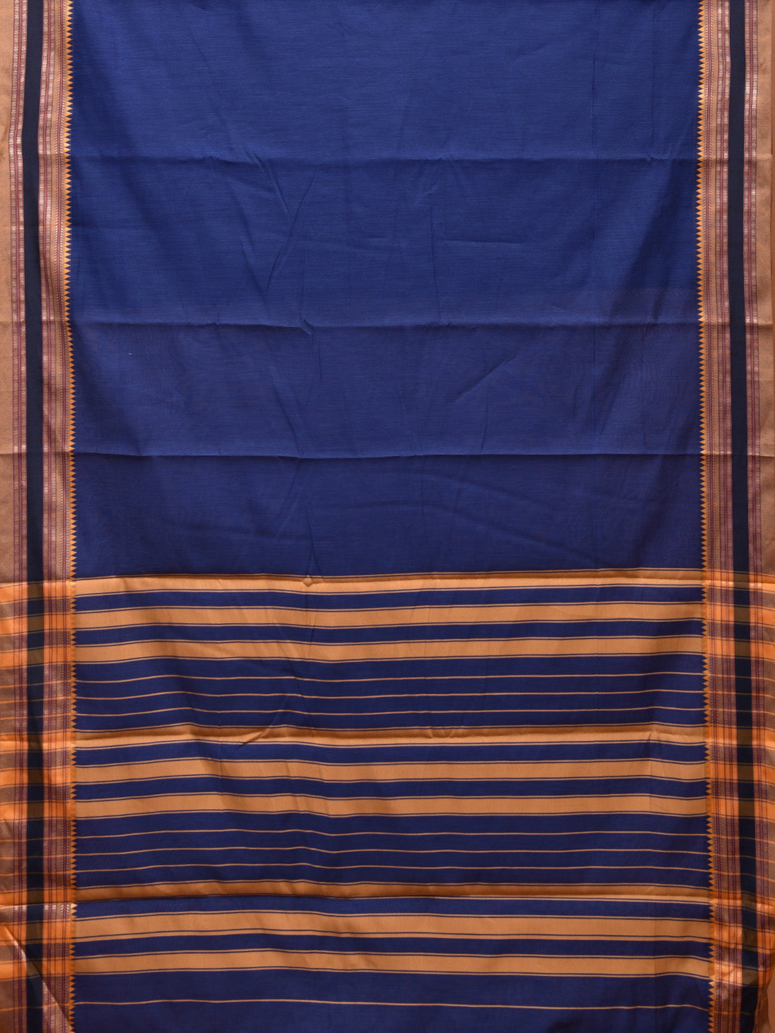 Blue and Mustard Bamboo Cotton Plain Saree with Strips Pallu Design No Blouse bc0462