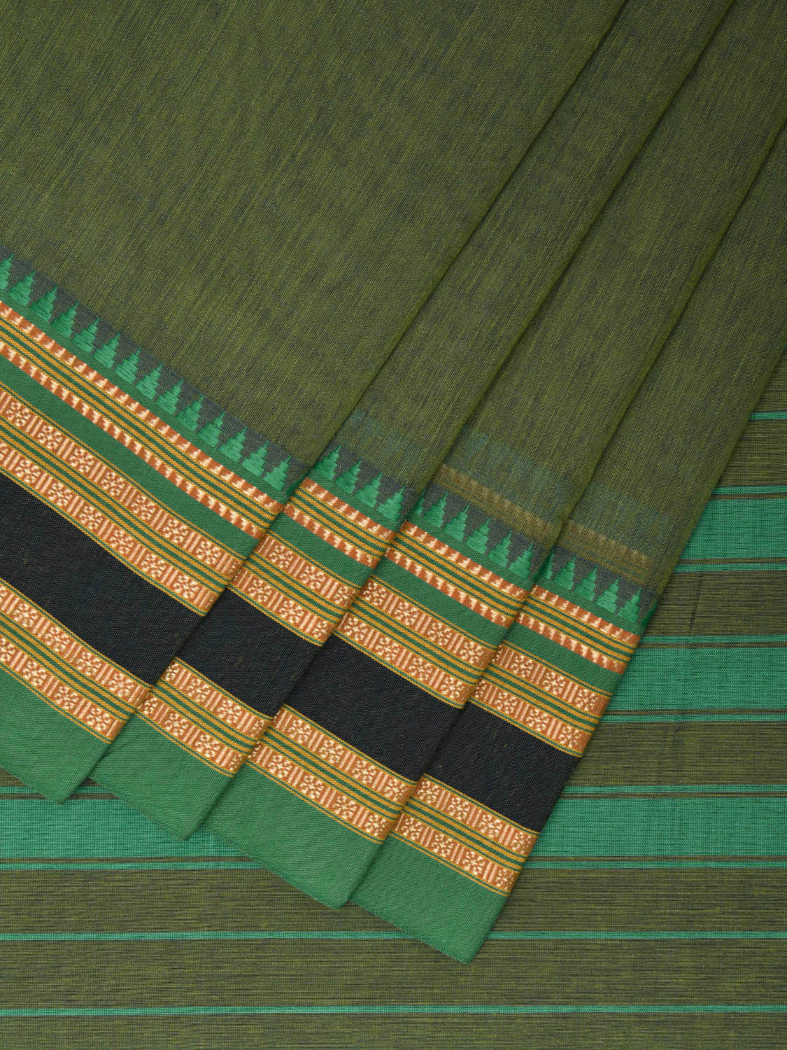 Green and Turquoise Bamboo Cotton Plain Saree with Strips Pallu Design No Blouse bc0463