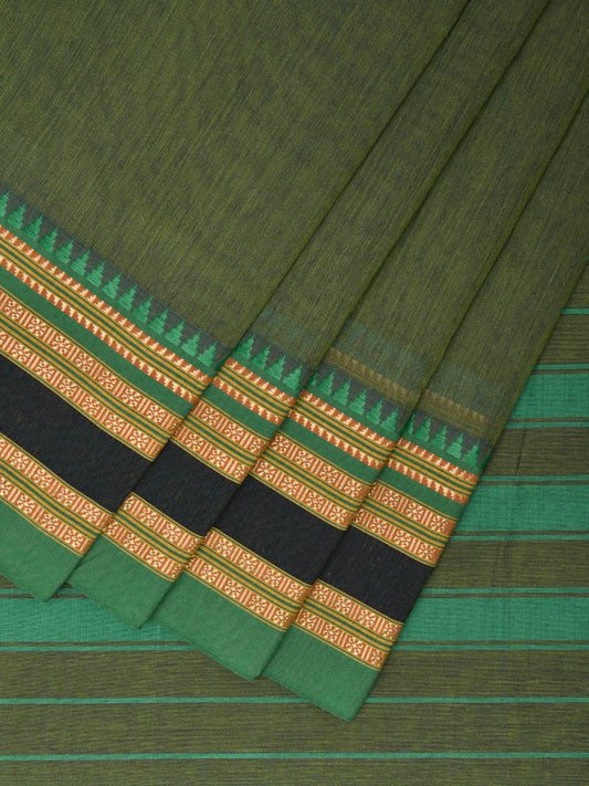 Green and Turquoise Bamboo Cotton Plain Saree with Strips Pallu Design No Blouse bc0463