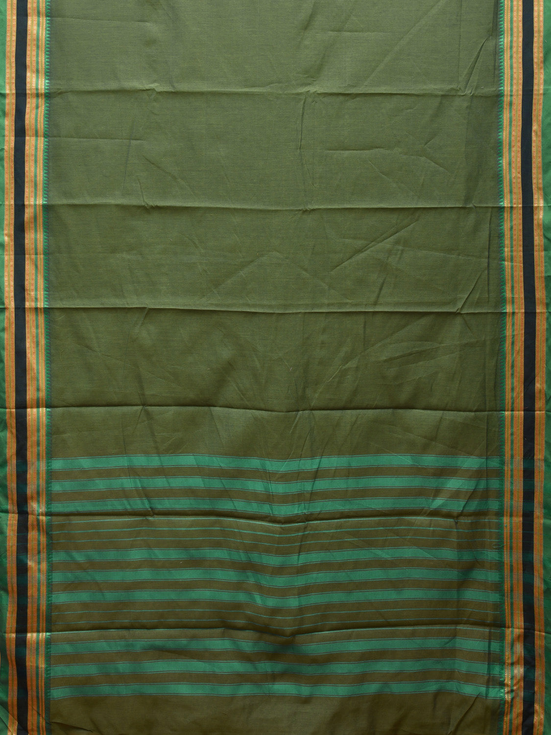 Green and Turquoise Bamboo Cotton Plain Saree with Strips Pallu Design No Blouse bc0463
