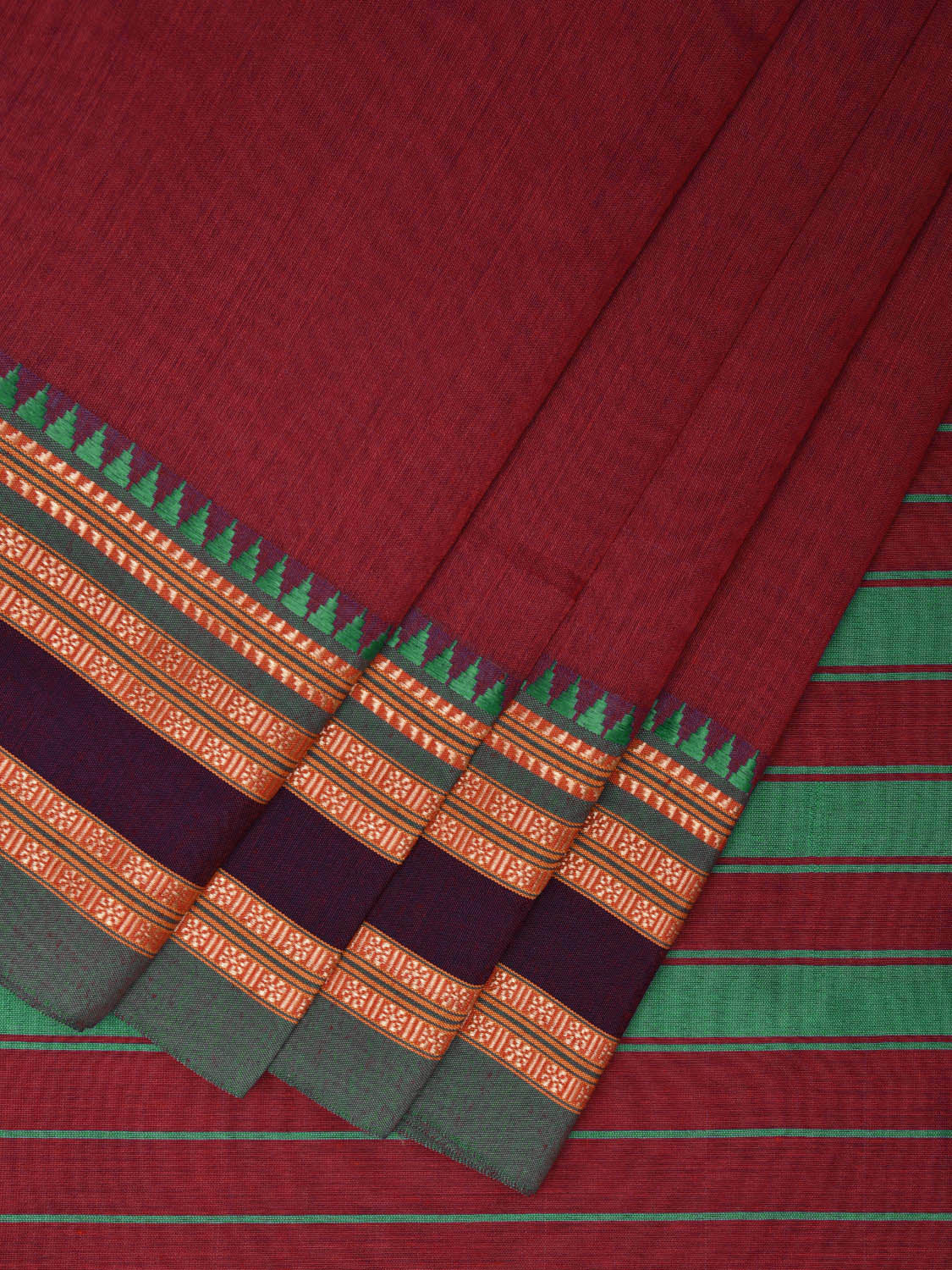 Maroon and Turquoise Bamboo Cotton Plain Saree with Strips Pallu Design No Blouse bc0464