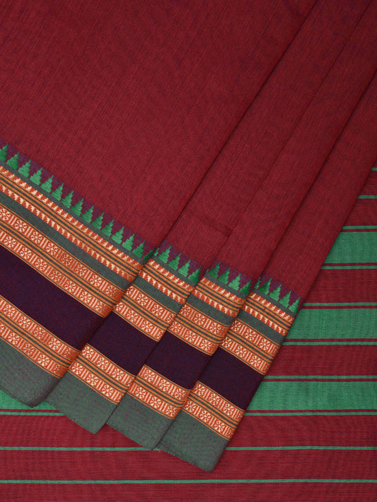 Maroon and Turquoise Bamboo Cotton Plain Saree with Strips Pallu Design No Blouse bc0464