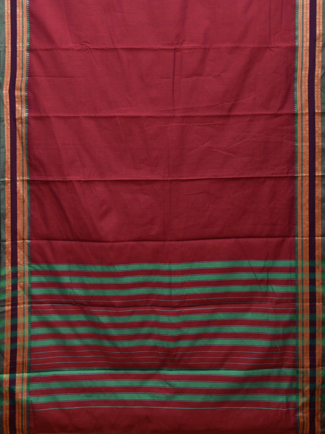 Maroon and Turquoise Bamboo Cotton Plain Saree with Strips Pallu Design No Blouse bc0464
