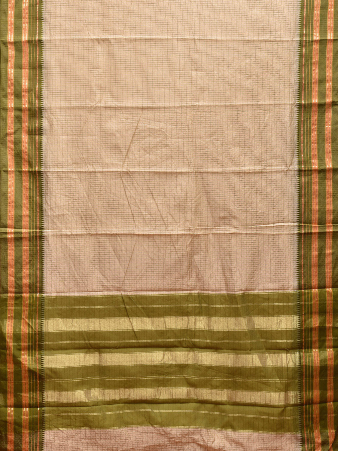 Cream and Green Bamboo Cotton Viscose Silk Saree with Checks Design No Blouse bc0465