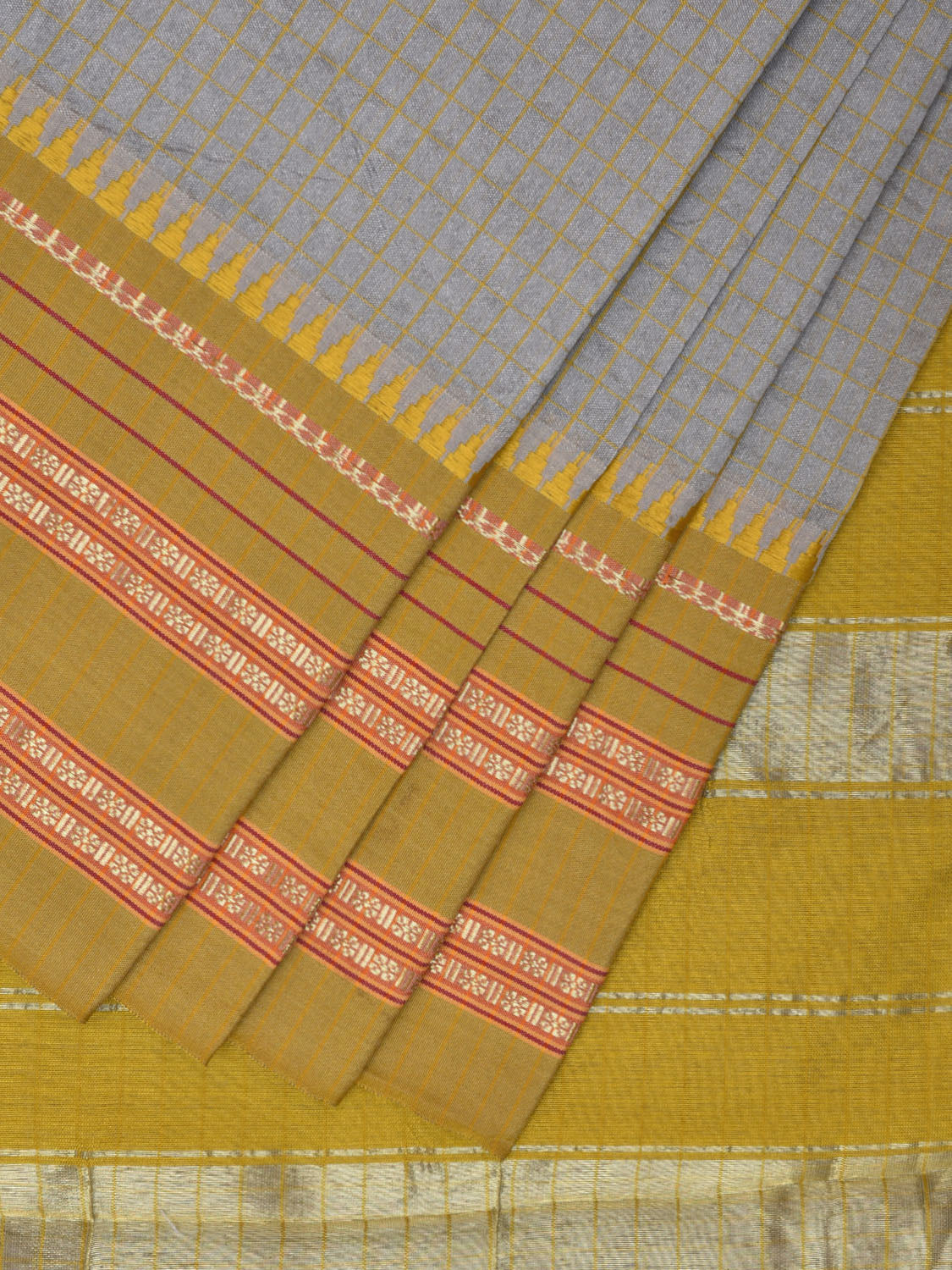 Light Grey and Green Bamboo Cotton Viscose Silk Saree with Checks Design No Blouse bc0466