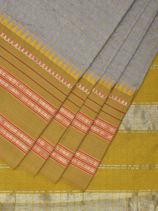 Light Grey and Green Bamboo Cotton Viscose Silk Saree with Checks Design No Blouse bc0466