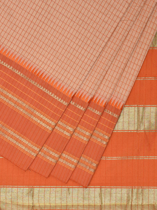 Cream and Orange Bamboo Cotton Viscose Silk Saree with Checks Design No Blouse bc0467