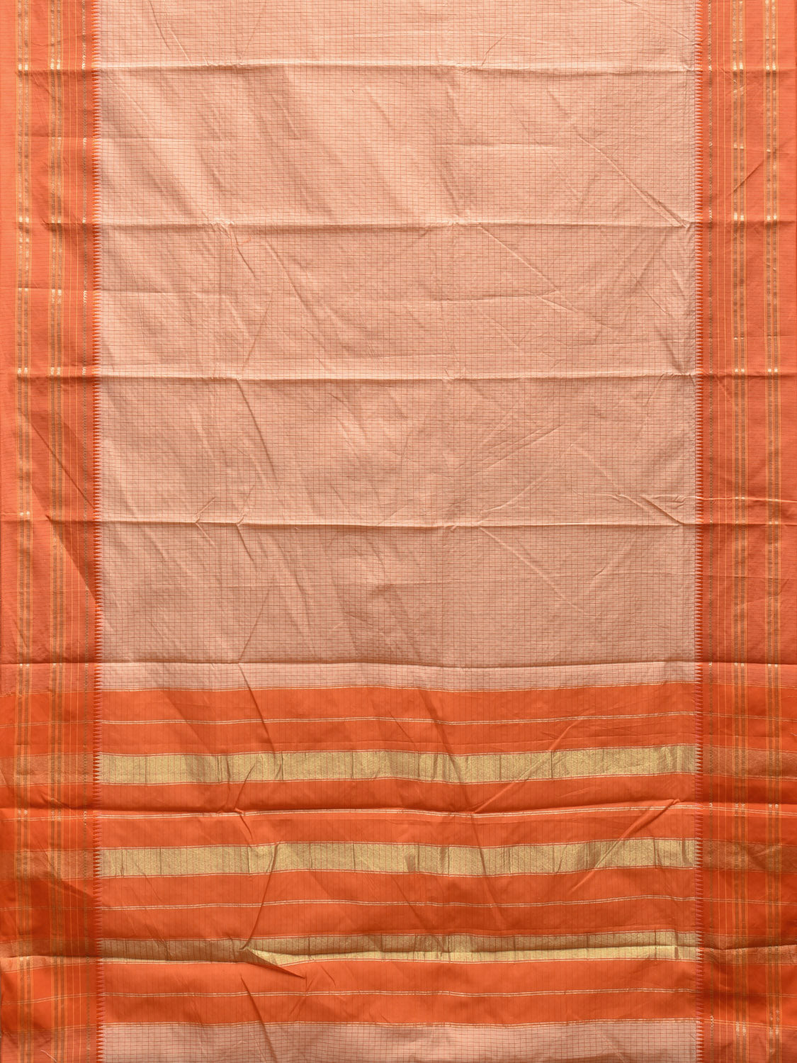 Cream and Orange Bamboo Cotton Viscose Silk Saree with Checks Design No Blouse bc0467