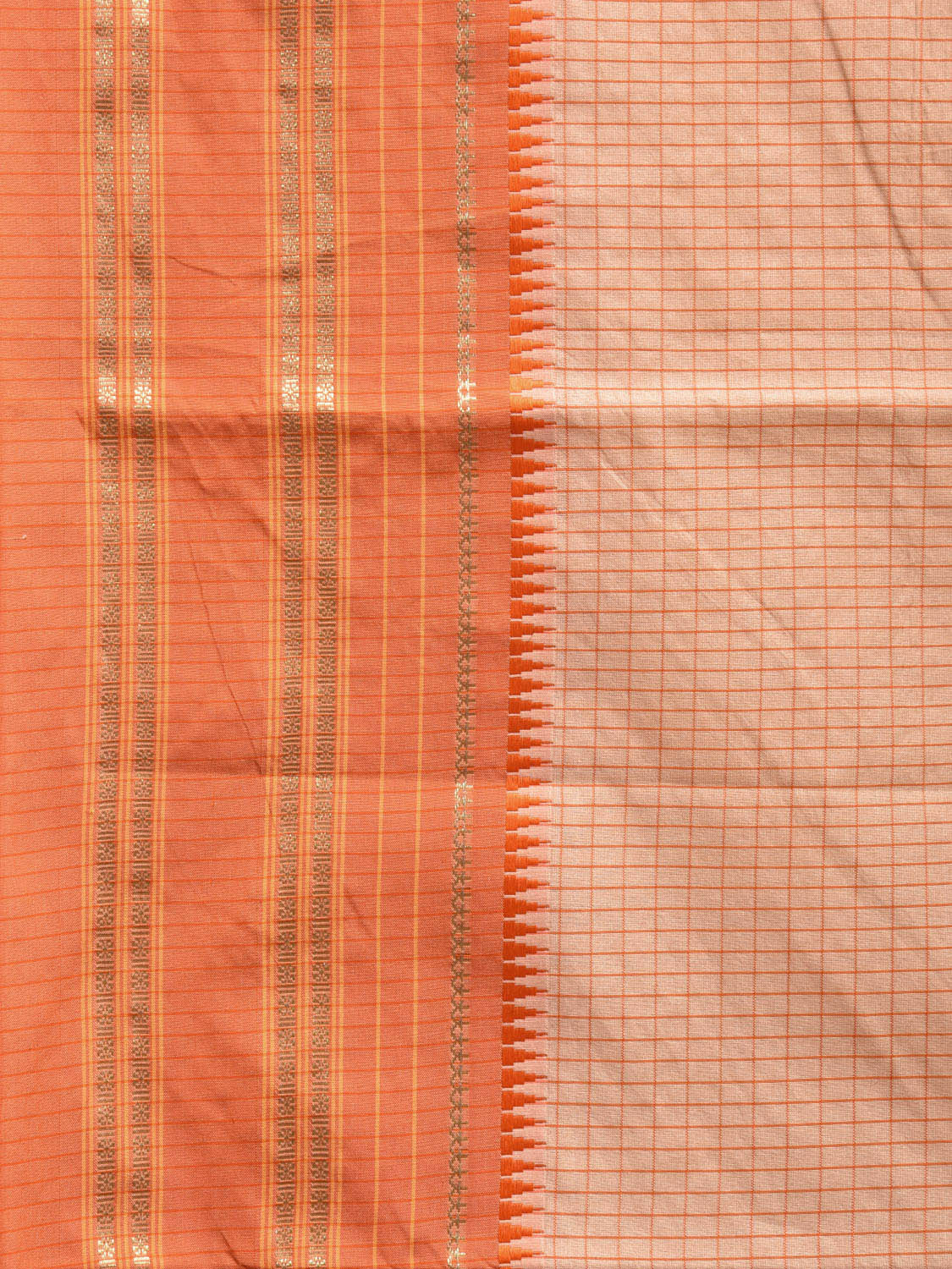 Cream and Orange Bamboo Cotton Viscose Silk Saree with Checks Design No Blouse bc0467