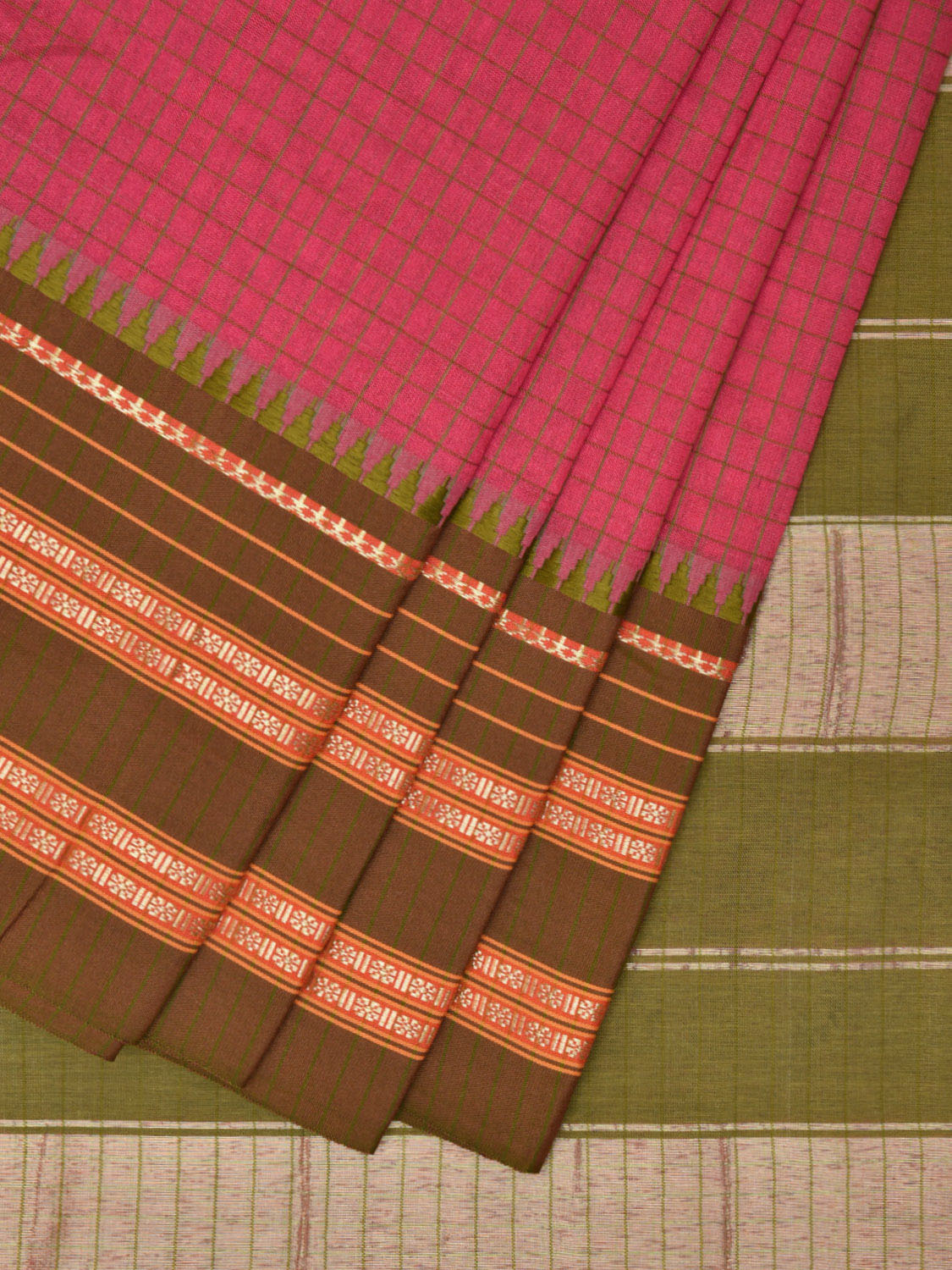 Pink and Green Bamboo Cotton Viscose Silk Saree with Checks Design No Blouse bc0468