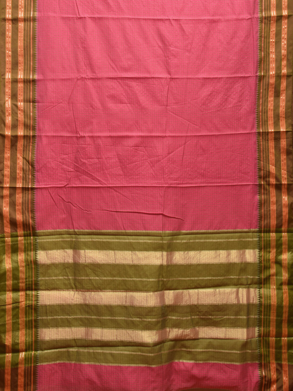 Pink and Green Bamboo Cotton Viscose Silk Saree with Checks Design No Blouse bc0468