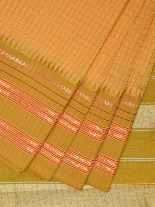 Yellow and Green Bamboo Cotton Viscose Silk Saree with Checks Design No Blouse bc0471