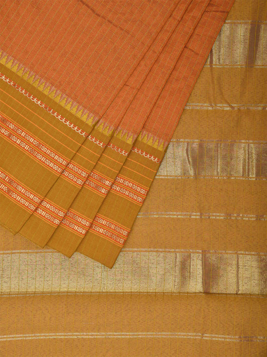 Fawn and Green Bamboo Cotton Viscose Silk Saree with Checks Design No Blouse bc0472