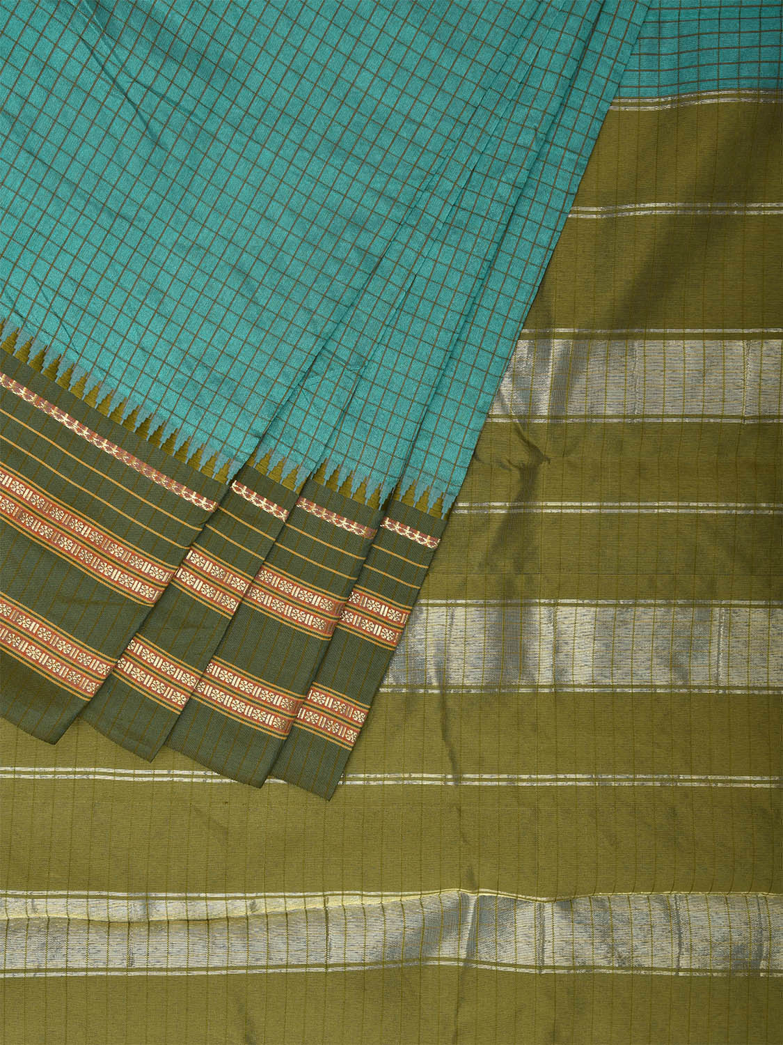 Light Blue and Green Bamboo Cotton Viscose Silk Saree with Checks Design No Blouse bc0473