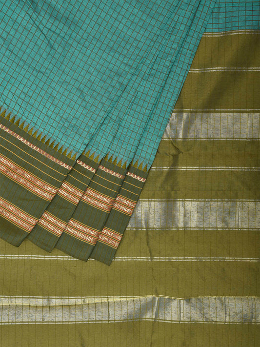 Light Blue and Green Bamboo Cotton Viscose Silk Saree with Checks Design No Blouse bc0473