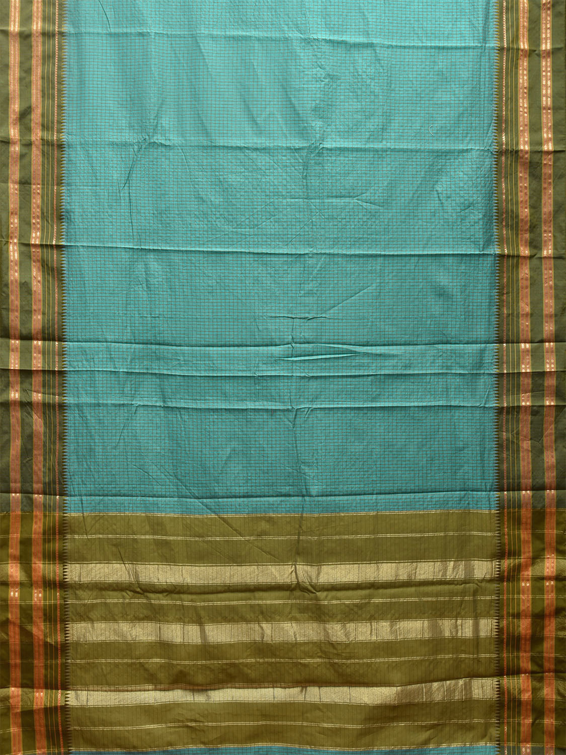 Light Blue and Green Bamboo Cotton Viscose Silk Saree with Checks Design No Blouse bc0473