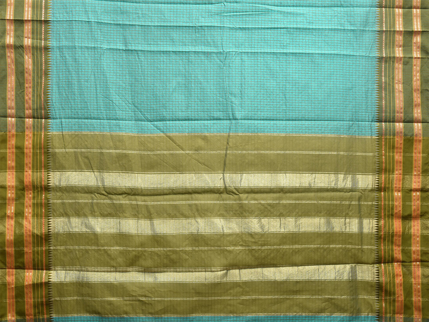 Light Blue and Green Bamboo Cotton Viscose Silk Saree with Checks Design No Blouse bc0473