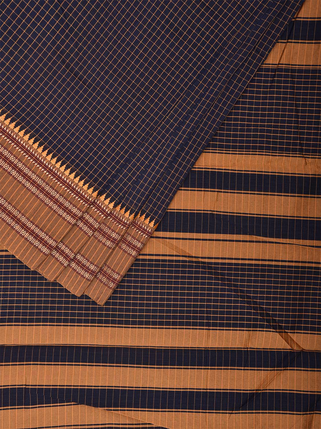 Navy and Mustard Bamboo Cotton Saree with Checks Design No Blouse bc0474