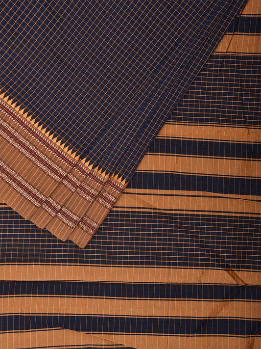 Navy and Mustard Bamboo Cotton Saree with Checks Design No Blouse bc0474