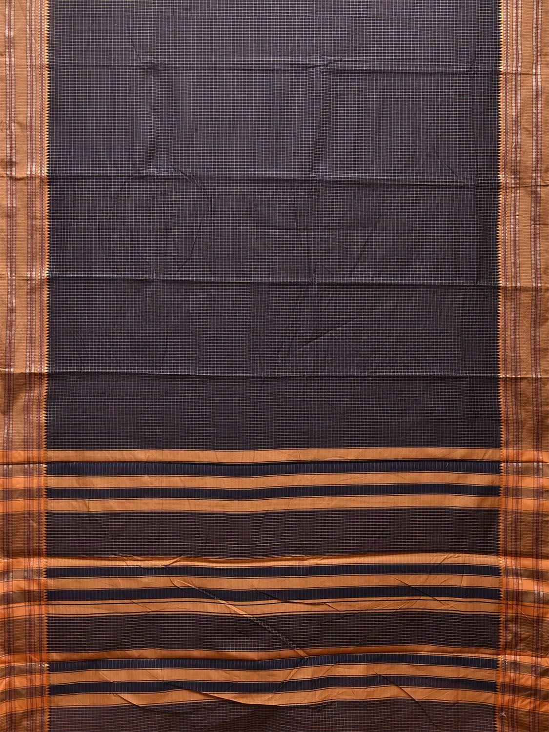 Navy and Mustard Bamboo Cotton Saree with Checks Design No Blouse bc0474