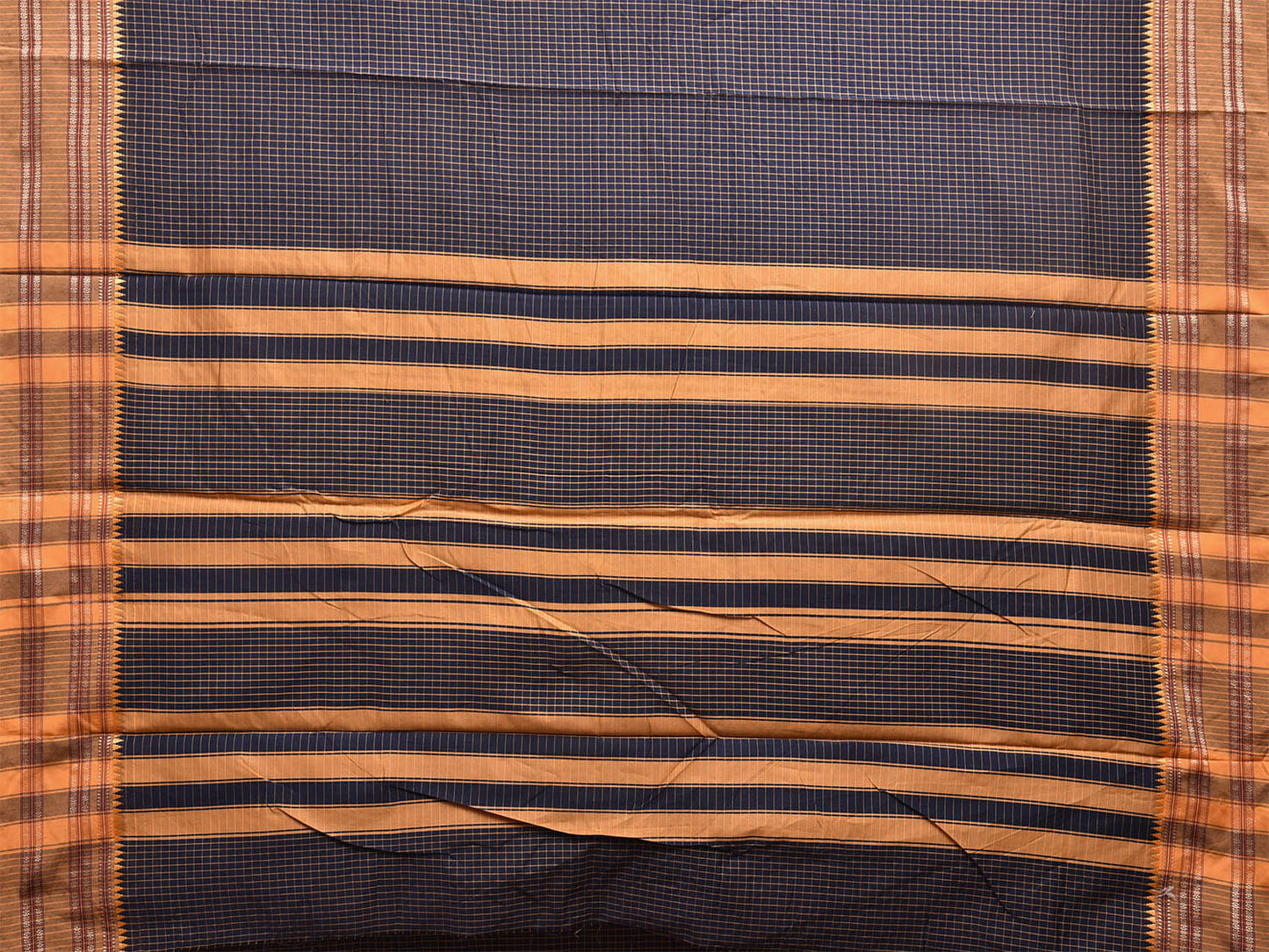 Navy and Mustard Bamboo Cotton Saree with Checks Design No Blouse bc0474