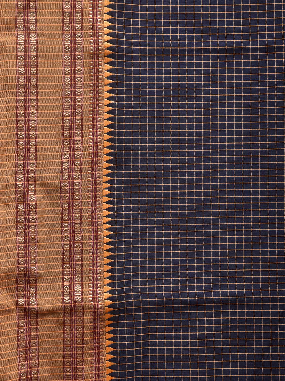 Navy and Mustard Bamboo Cotton Saree with Checks Design No Blouse bc0474