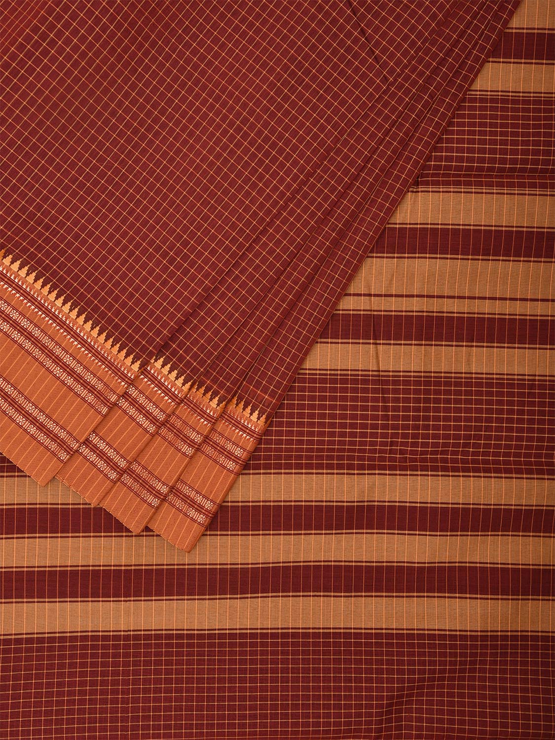 Maroon and Mustard Bamboo Cotton Saree with Checks Design No Blouse bc0475