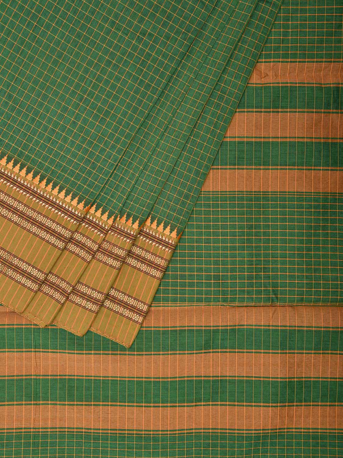 Green and Mustard Bamboo Cotton Saree with Checks Design No Blouse bc0476