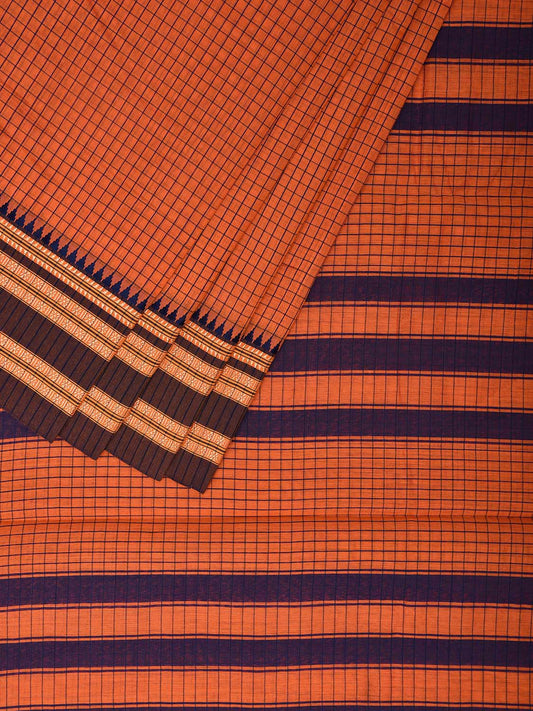 Orange and Indigo Bamboo Cotton Saree with Checks Design No Blouse bc0477