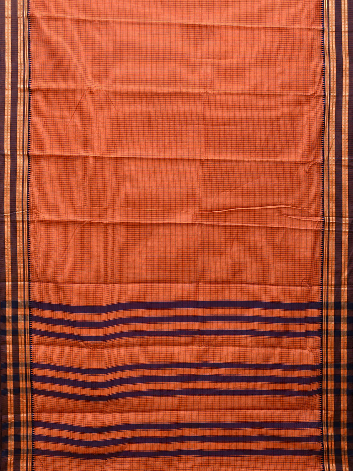 Orange and Indigo Bamboo Cotton Saree with Checks Design No Blouse bc0477