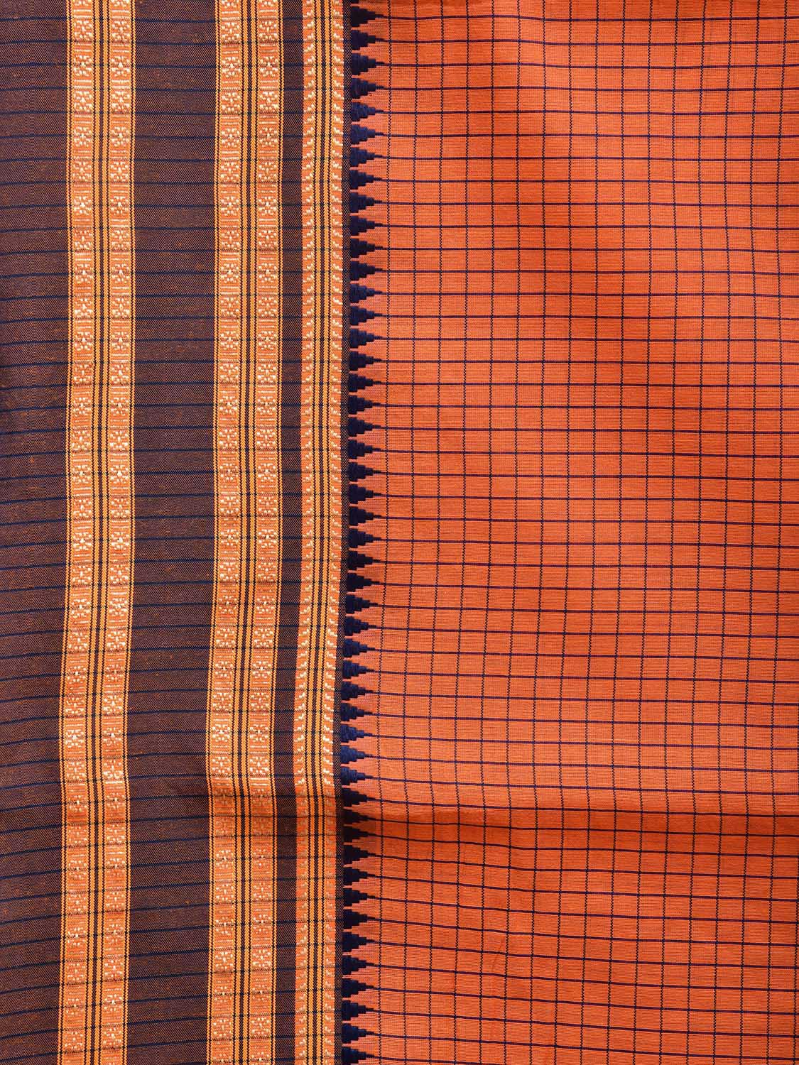 Orange and Indigo Bamboo Cotton Saree with Checks Design No Blouse bc0477