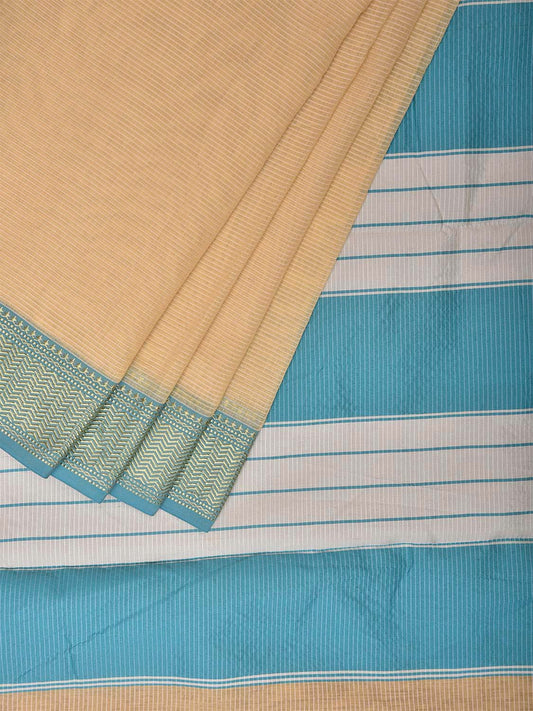 Light Yellow and Light Blue Bamboo Cotton Saree with Strips Design No Blouse bc0479