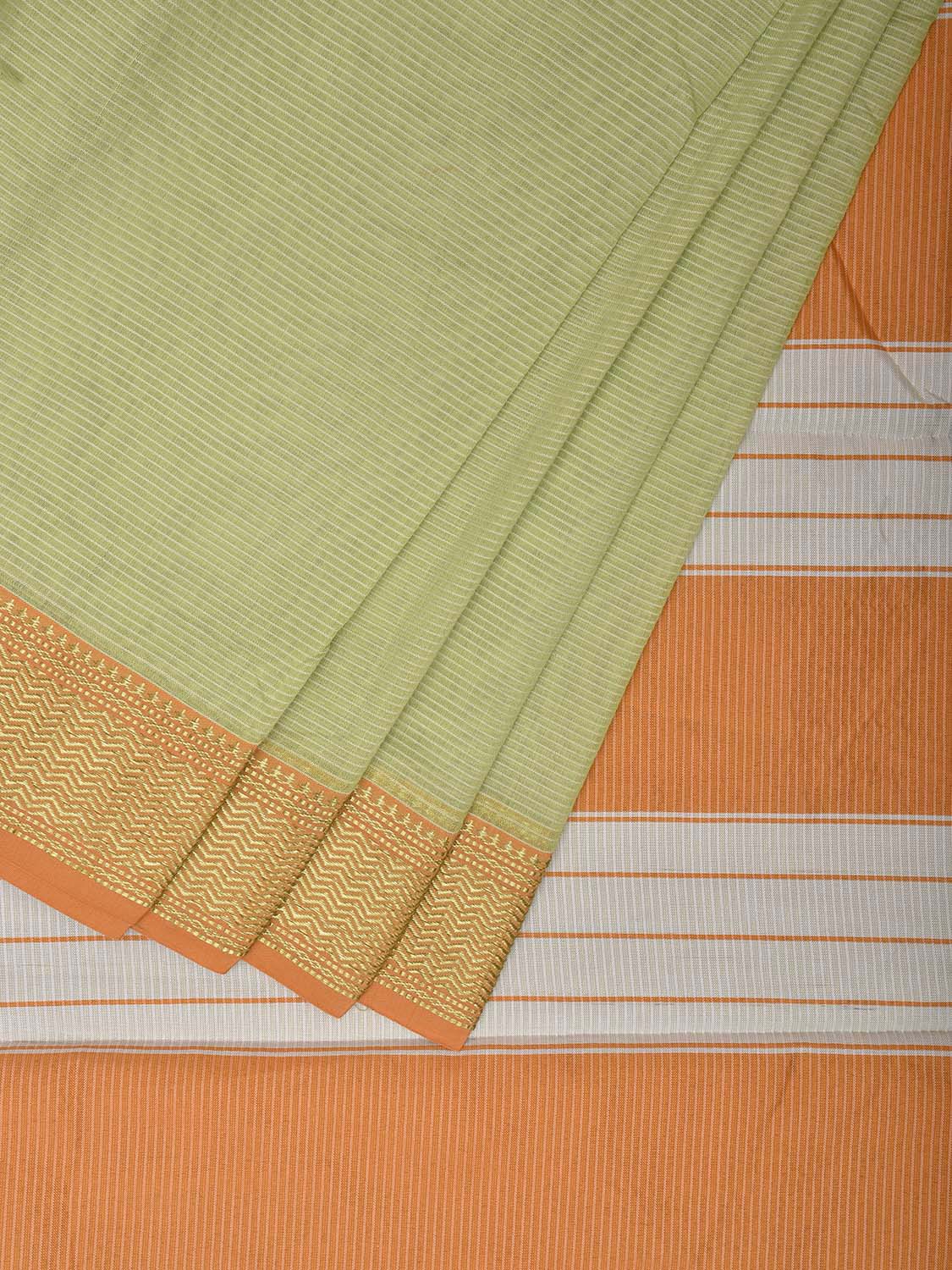 Light Green and Orange Bamboo Cotton Saree with Strips Design No Blouse bc0480