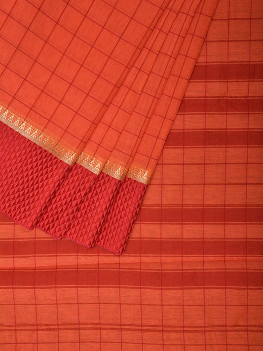Orange and Red Bamboo Cotton Saree with Big Checks Design No Blouse bc0481