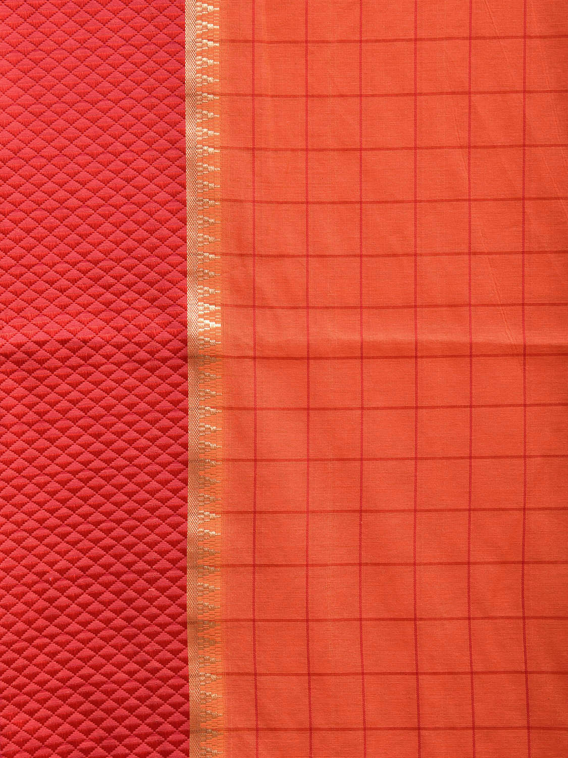 Orange and Red Bamboo Cotton Saree with Big Checks Design No Blouse bc0481