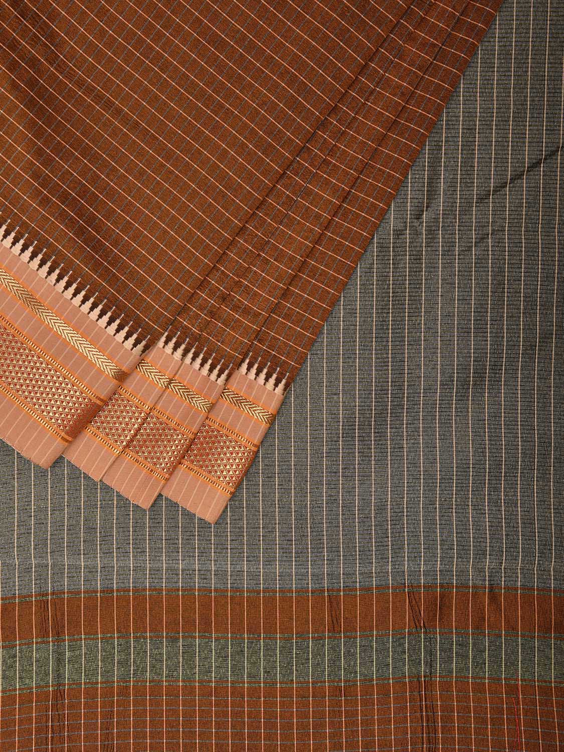 Light Brown and Grey Bamboo Cotton Viscose Silk Saree with Checks Design No Blouse bc0482
