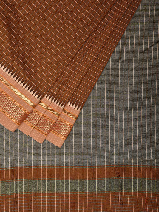 Light Brown and Grey Bamboo Cotton Viscose Silk Saree with Checks Design No Blouse bc0482