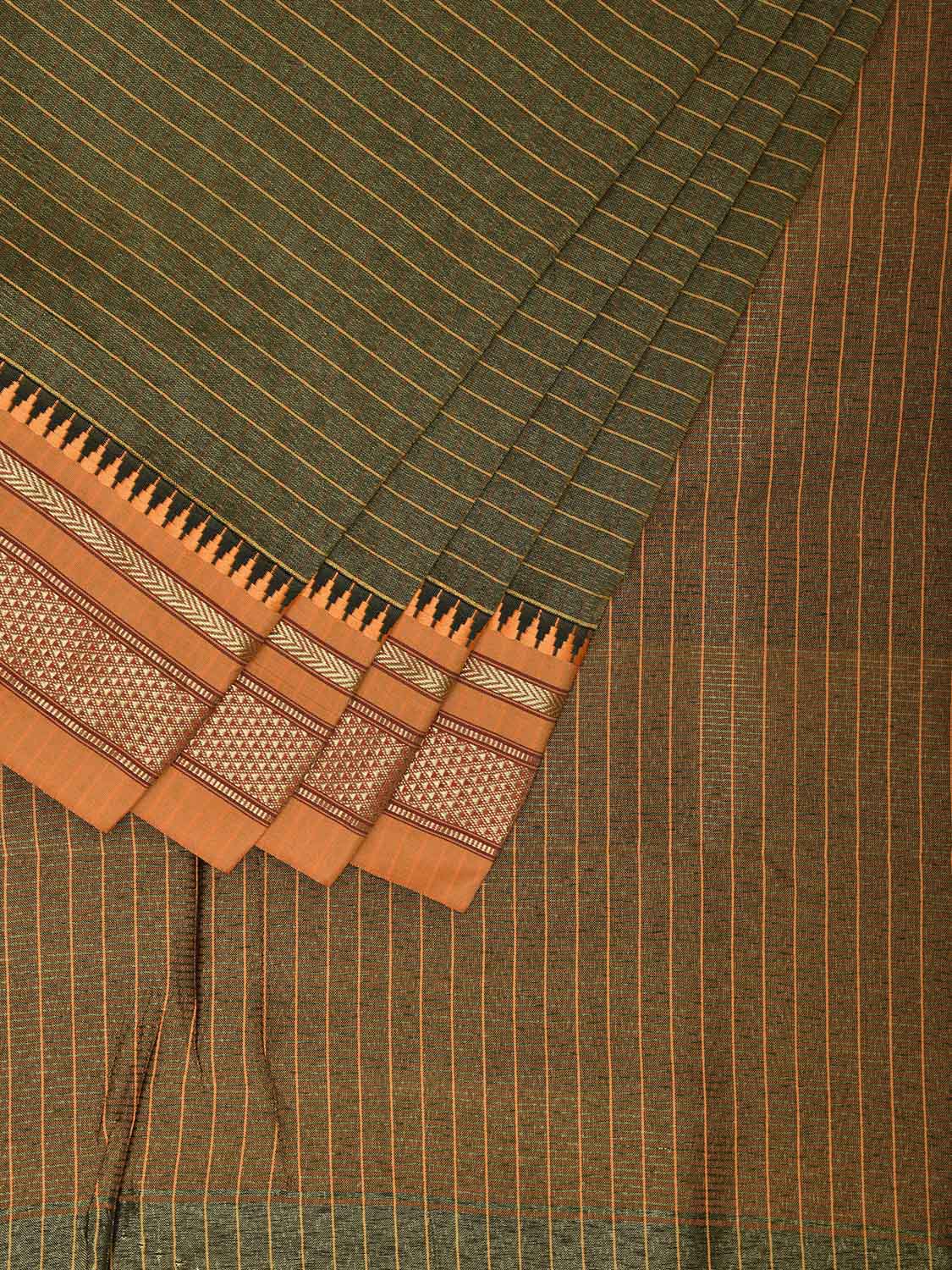 Olive and Mustard Bamboo Cotton Viscose Silk Saree with Strips Design No Blouse bc0483