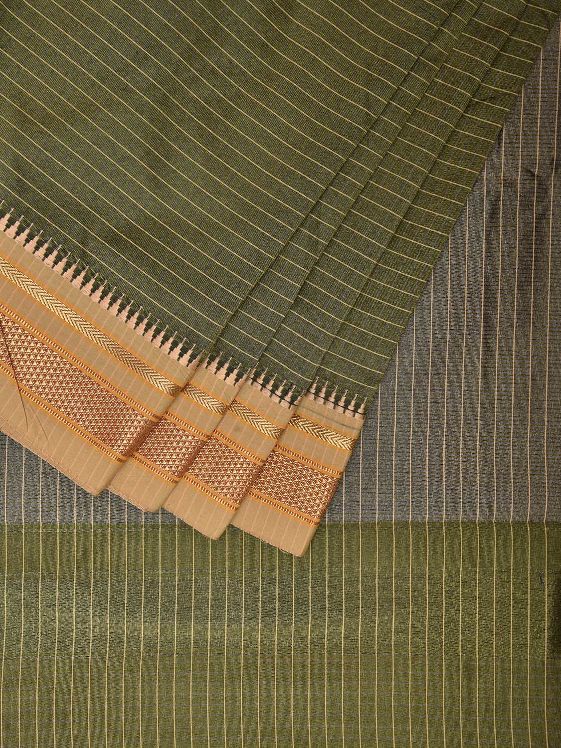 Green and Grey Bamboo Cotton Viscose Silk Saree with Strips Design No Blouse bc0485