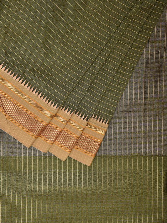Green and Grey Bamboo Cotton Viscose Silk Saree with Strips Design No Blouse bc0485