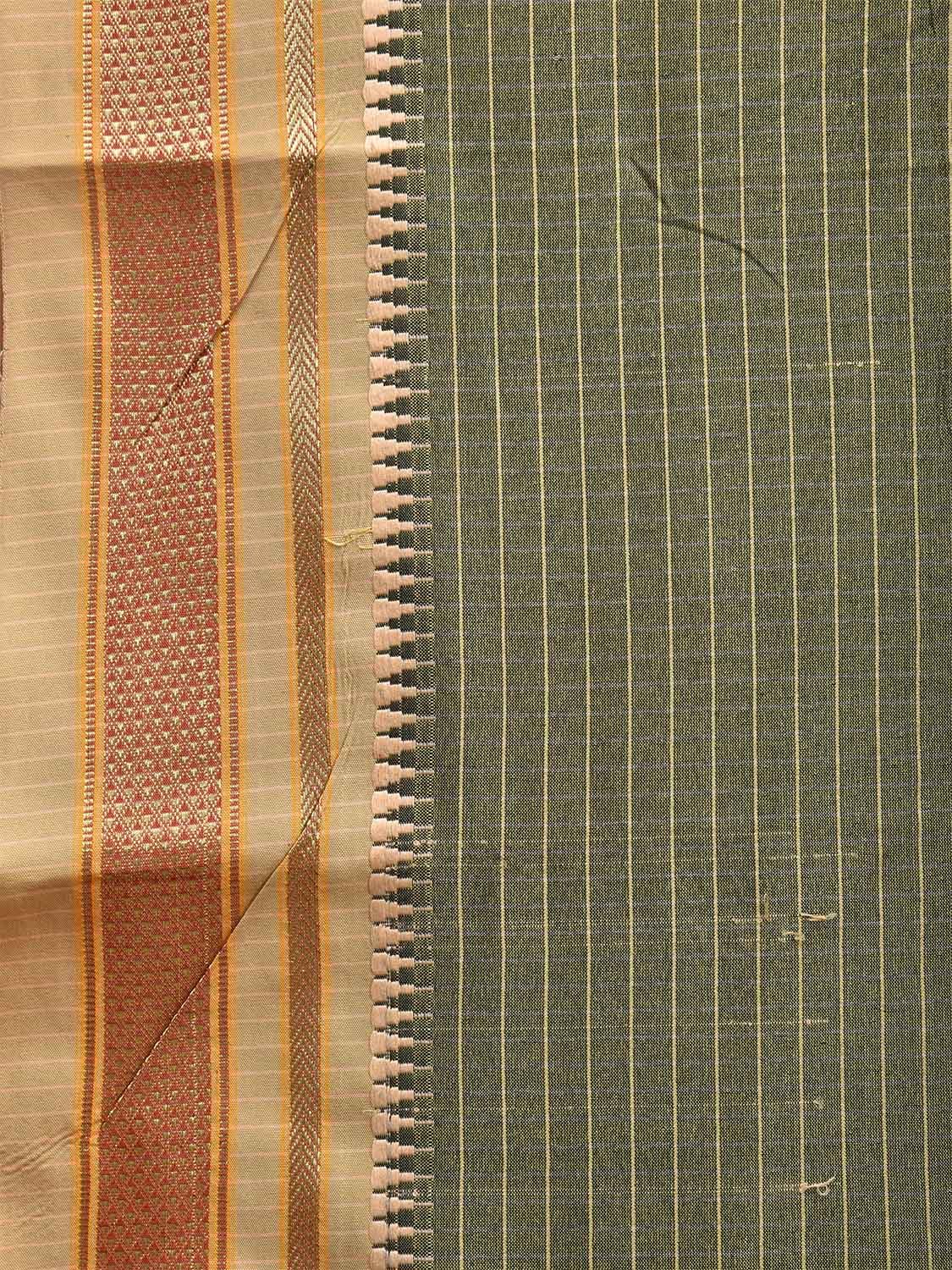 Green and Grey Bamboo Cotton Viscose Silk Saree with Strips Design No Blouse bc0485