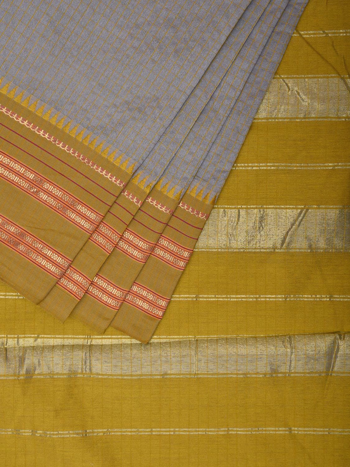 Grey and Green Bamboo Cotton Viscose Silk Saree with Checks Design No Blouse bc0486