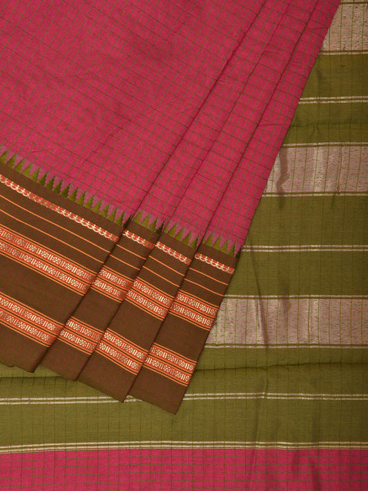 Pink and Green Bamboo Cotton Viscose Silk Saree with Checks Design No Blouse bc0487