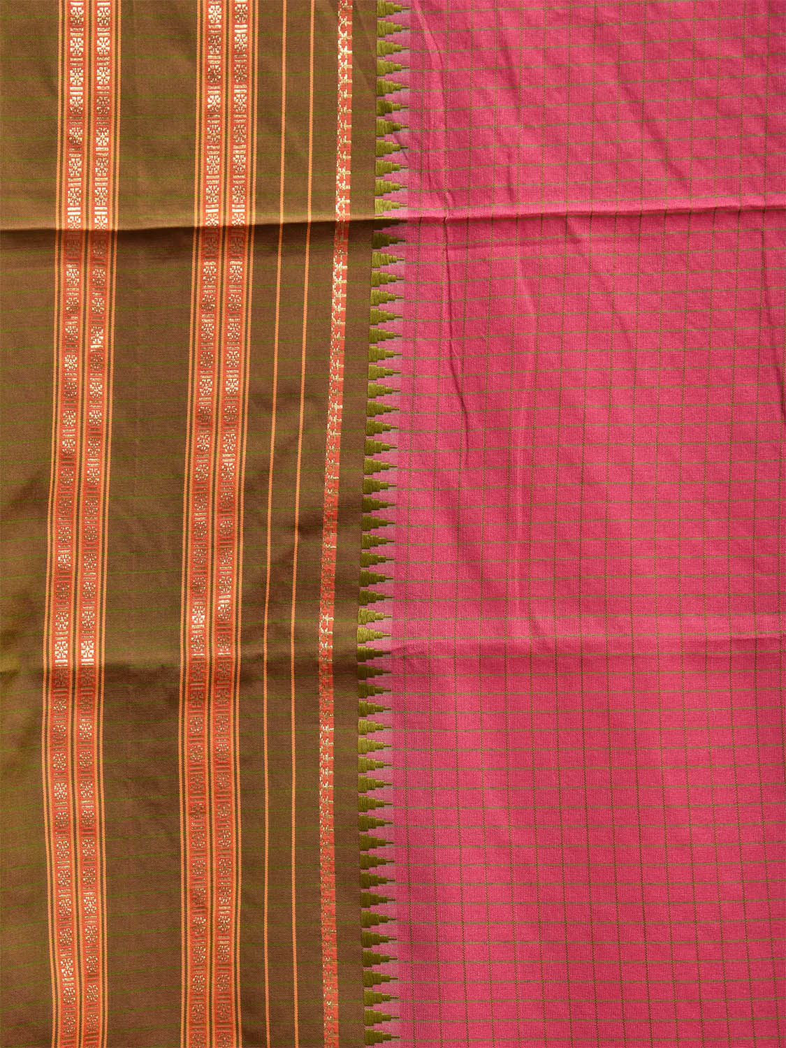 Pink and Green Bamboo Cotton Viscose Silk Saree with Checks Design No Blouse bc0487