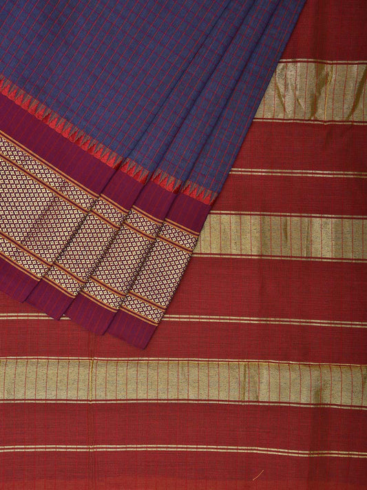 Dark Blue and Red Bamboo Cotton Saree with Checks Design No Blouse bc0488