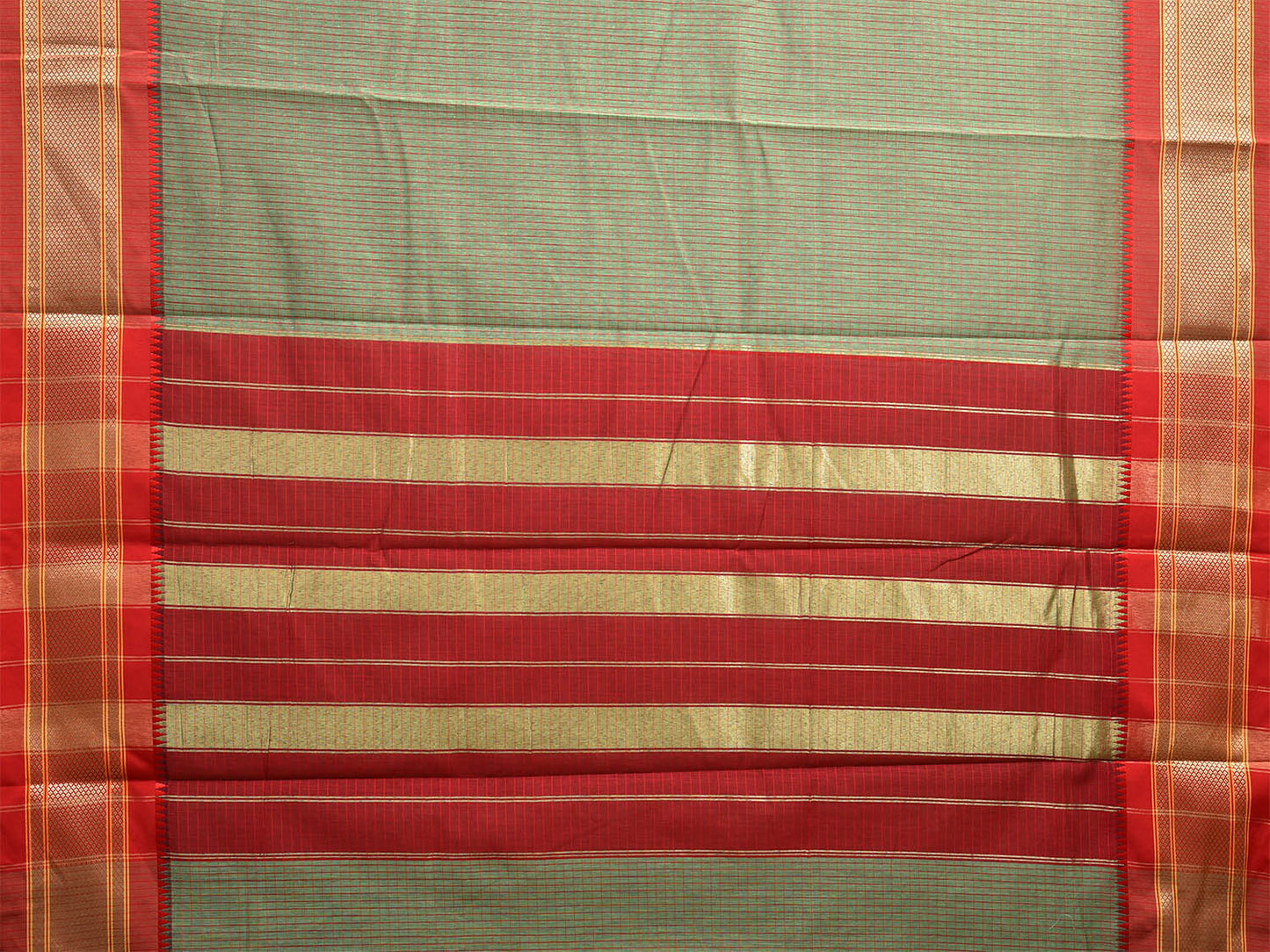 Light Green and Red Bamboo Cotton Saree with Checks Design No Blouse bc0489