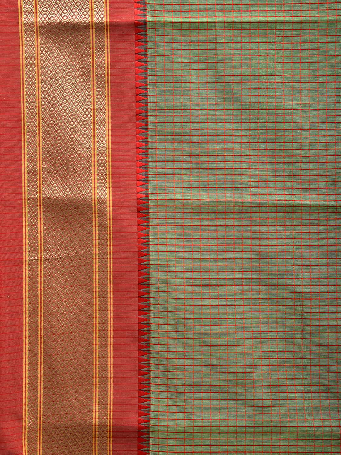 Light Green and Red Bamboo Cotton Saree with Checks Design No Blouse bc0489