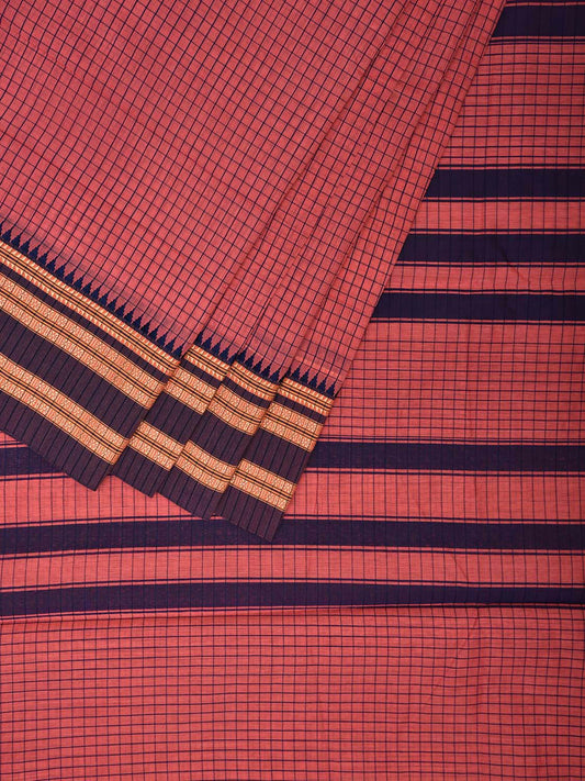 Baby Pink and Dark Blue Bamboo Cotton Saree with Checks Design No Blouse bc0490